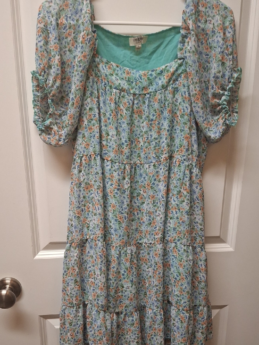 Umgee Light Blue Floral Tiered Dress with Orange Accents